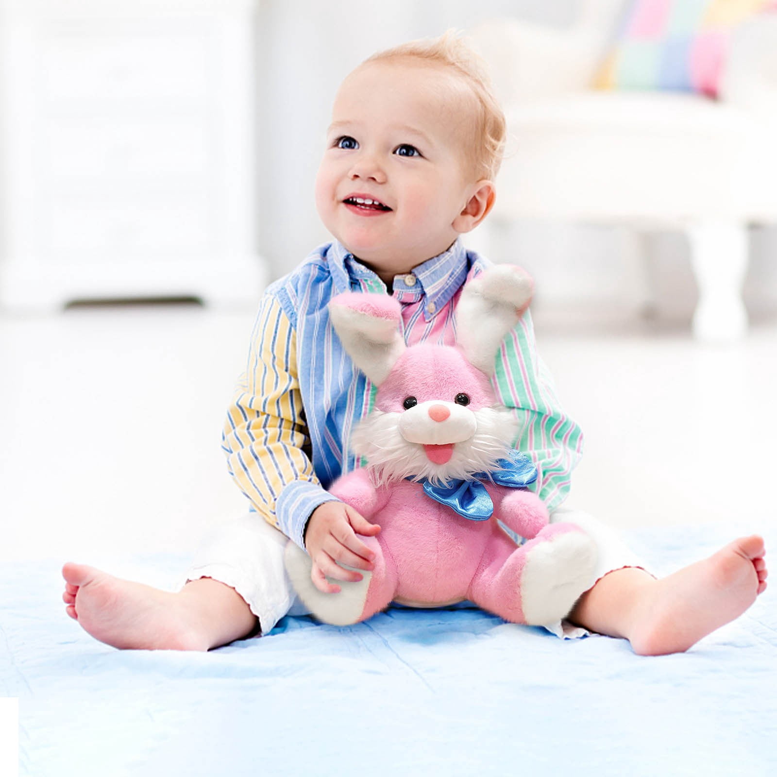 Musical Interactive Easter Bunny Plush Toy, Soft Stuffed Rabbit with Floppy Ears, Easter Bunny Decor, Sings and Waves, Adorable Gift for Birthday and Easter, 13.8in/35cm, D