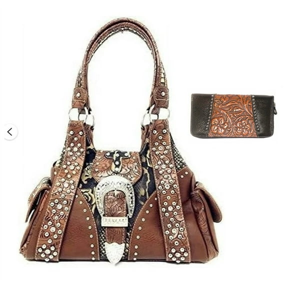 Rhinestone Metal Buckle Cowgirl Crocodile Leather Women's Handbag& Matching Wallet Set