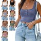 thumbnail image 1 of Blusa de punto sin mangas con cuello cuadrado y botón frontal para mujer, informal, para verano, color azul XL, 1 of 6