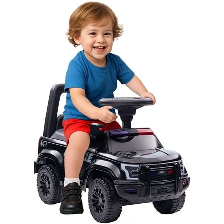 Ride-On Toy Car with Horn and Megaphone, Black PP and Metal Police Style Walker with Removable Backrest and Under-Seat Storage, 24.4 x 11.4 x 16.9 in
