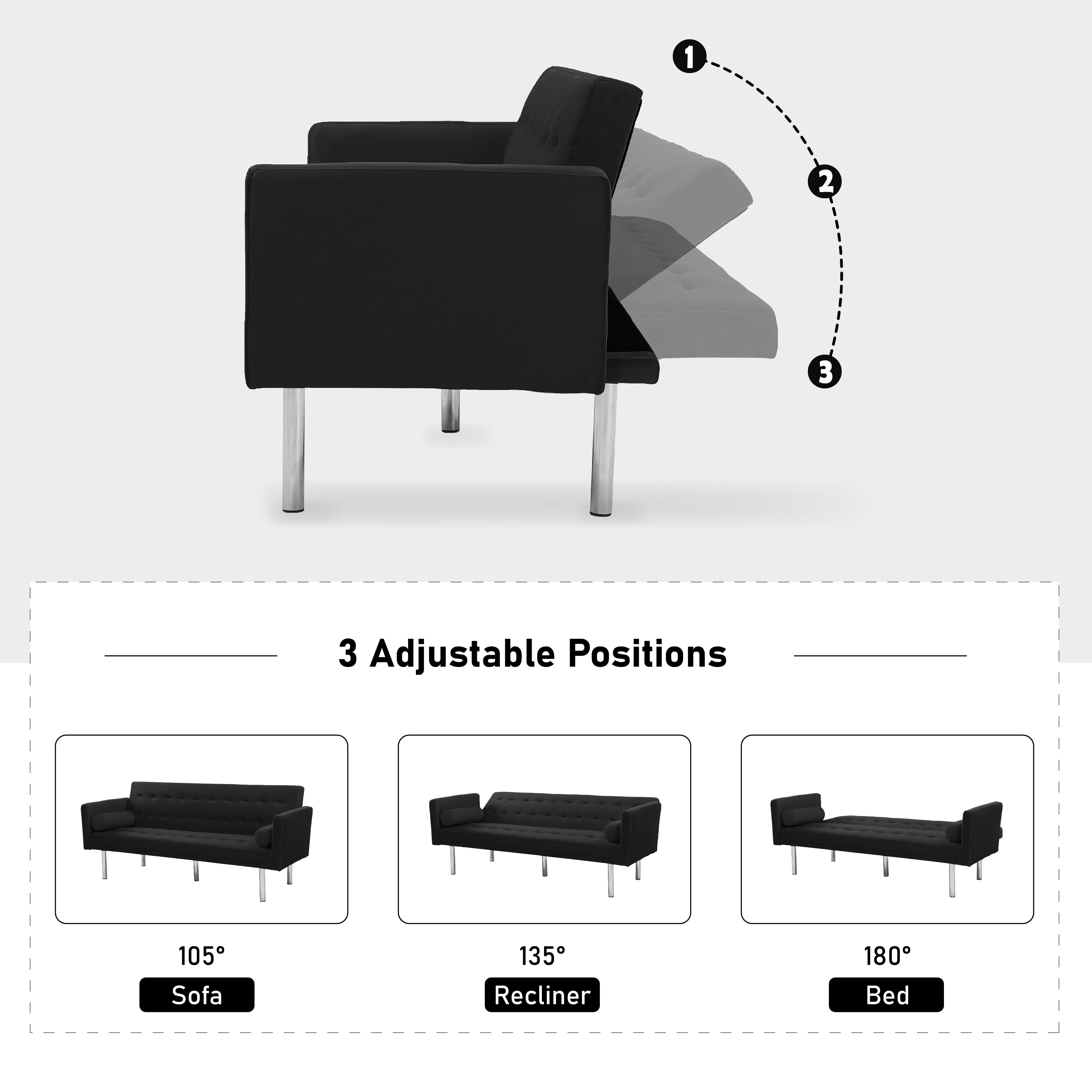 DEALTOPS Velvet Futon Sofa Bed Upholstered Convertible Sofa Couch, Recliner Modern Tufted Back Couch Lounge for&nbsp;Living Room - Black