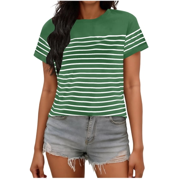 Tsesme Stripe Printed Short Sleeve T-Shirt for Women Round Neck Pullover Casual Tee 2026 Summer Comfy Daily Tops,Green-a,XL