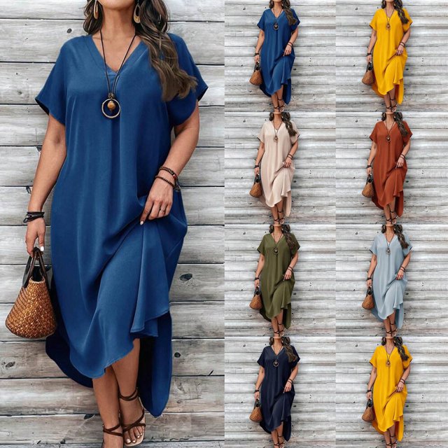 Dresses Plus Size Ladies Casual V Neck Solid Color Loose Fit Plus Size Dress Beach Plus Size Prom Dress Army Green XXXXXL