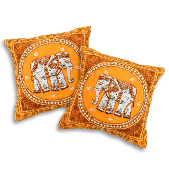 Elegant Thai Elephant Velvet and Pearls Set of 2 Square Pillow Covers - Yellow