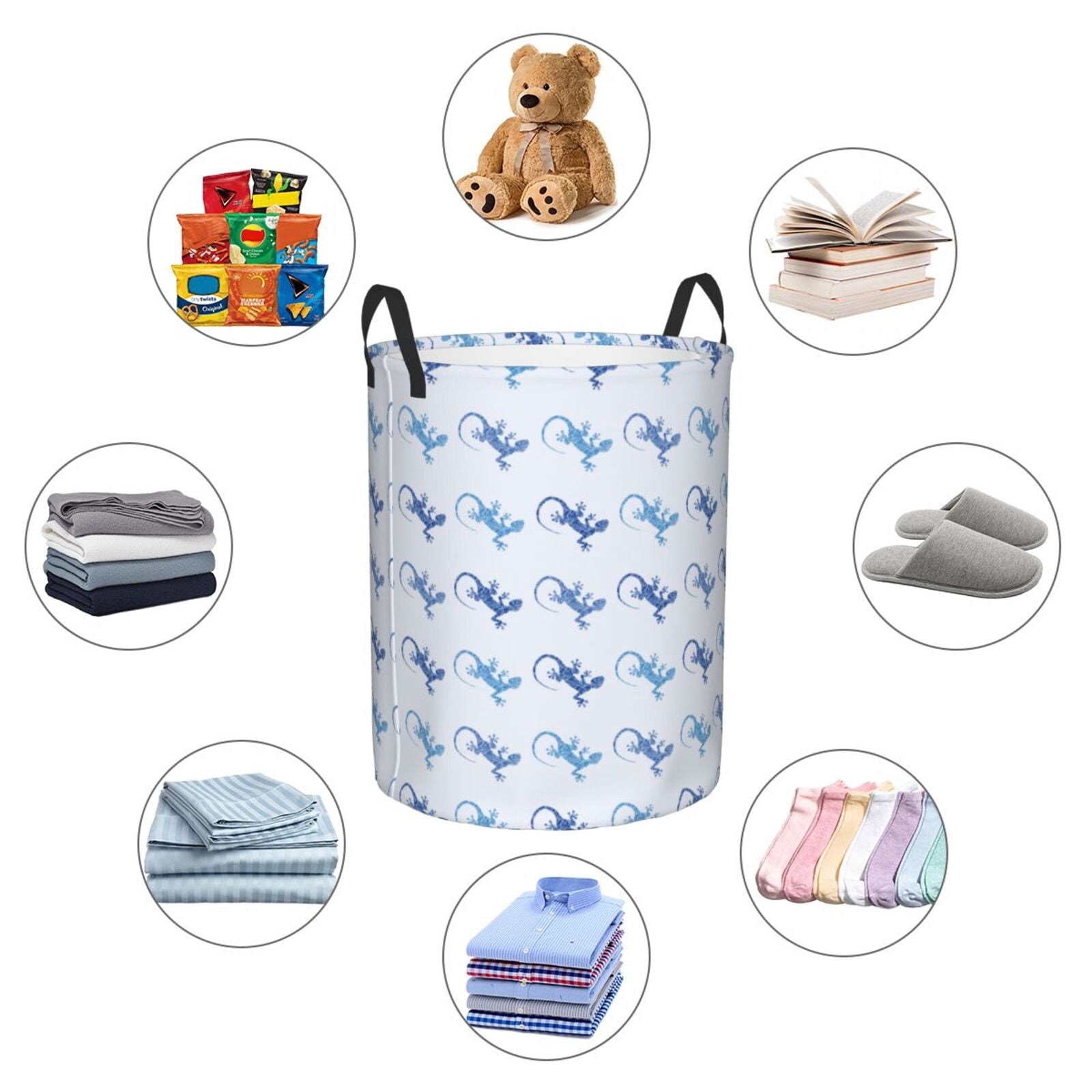 Large Laundry Basket with Handles - Artistic Cute Lizard Gecko Blue Kids Baby Dirty Clothes Laundry Hamper for Bedroom Aesthetic