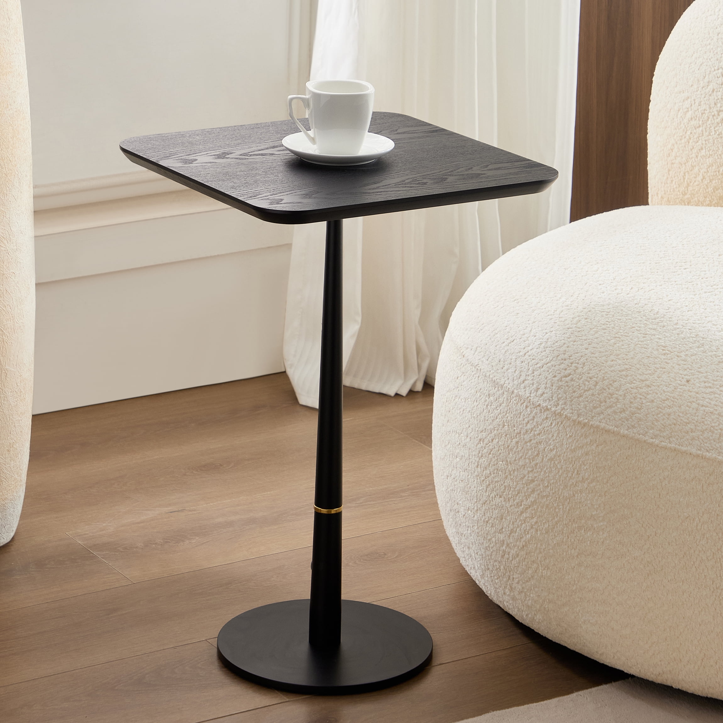 Square Coffee Table, Black Matte MDF Side Table with Metal Feet & Gold Decorative Ring, Waterproof Wear-Resistant Accent Table for Living Room Lounge Sofa Corner, Multi-Use as Computer Desk