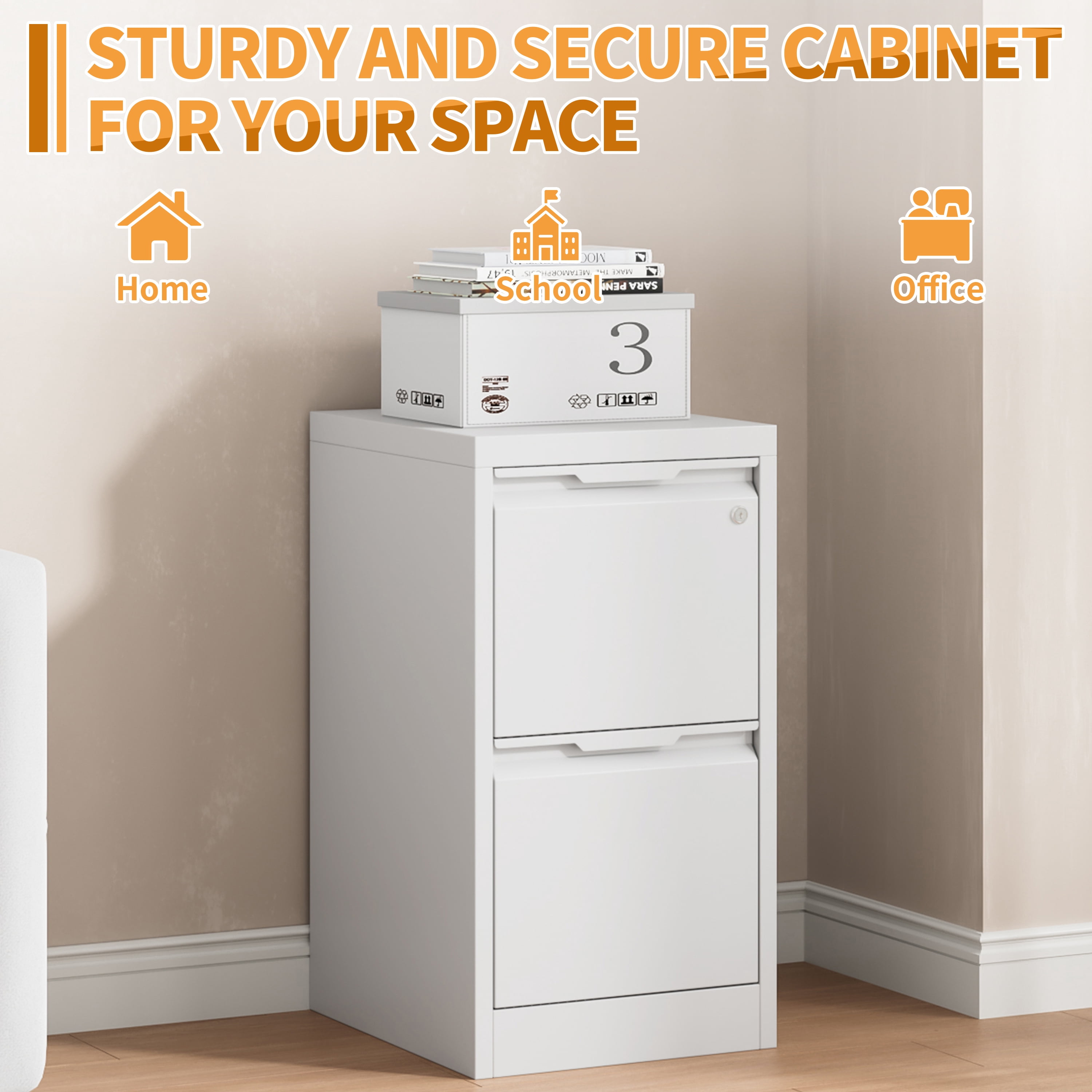 Vertical File Cabinet with Lock, Storage Cabinet with 2 Drawers for Home Office,Metal Filing Cabinet for Legal/Letter/A4 Files,Assembly Required(15''W-2 Drawers,White)