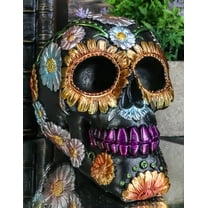 Ebros Black Day of The Dead Floral Blooms Sugar Skull Figurine Skulls 6" Long