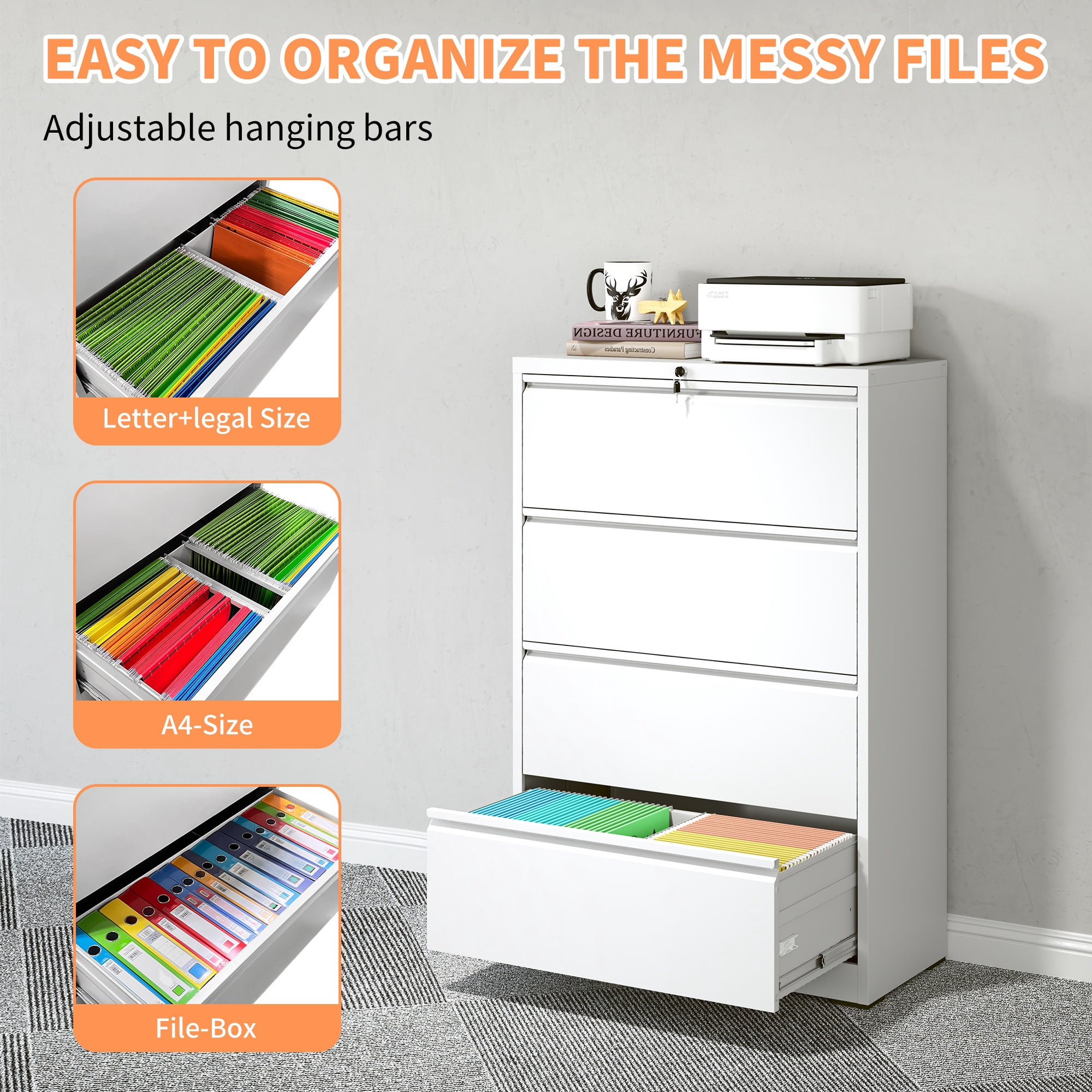 Lateral File Cabinet 4 Drawer, White Filing Cabinet with Lock, Lockable File Cabinet for Home Office, Locking Metal File Cabinet for Legal/Letter/A4/F4 Size