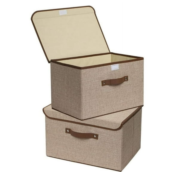 Topboutique Decorative Storage Boxes with Lids, Collapsible Storage Bins, Foldable Storage Bins, Fabric Baskets Closet Organizer, Large Storage Box (Khaki, 2 Pack)
