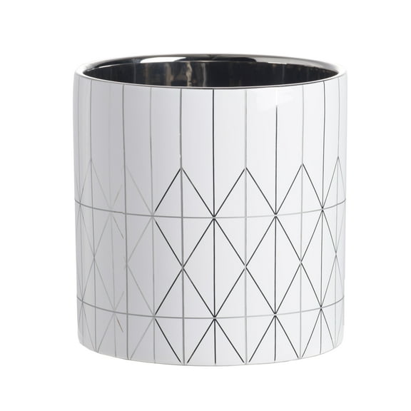 ARGUST small ceramic planter for indoor plants - 6.3x6.3 inch white and silver modern diamond pattern cylindrical planter for tabletop decor