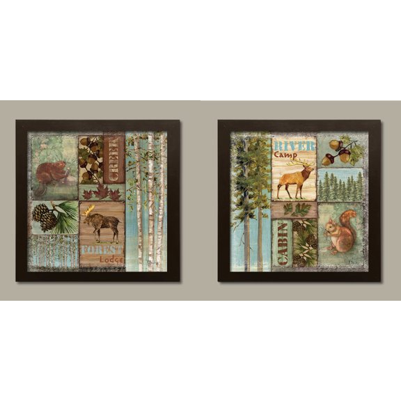 Cabin and Lodge Collage Style Beaver Squirrel Moose Acorn and Pine Cone Prints; Two 12x12in Brown Framed Prints