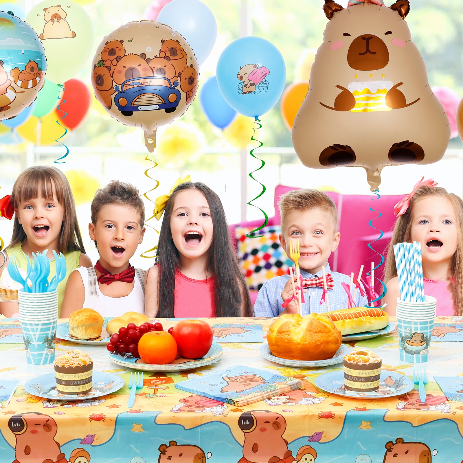 pluokvzr 185pcs Capybara Birthday Decorations Tableware Set Cute Animal Theme Birthday Decor with Banner Balloons Plates for Party Baby Shower