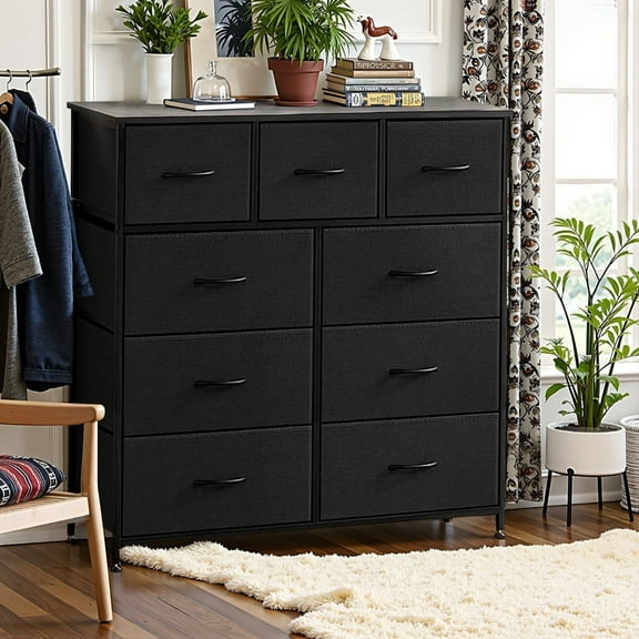 HKAH 9-Drawer Fabric Dresser with Wood Grain Top, Storage Organizer Tower for Bedroom, Closet, Living Room, Hallway