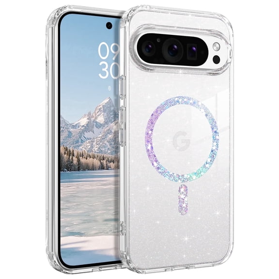 YINLAI Magnetic for Google Pixel 10 Pro XL Case Clear Glitter, Compatible with Mag-safe,Transparent Shockproof Slim Sparkly Bumper Cover Phone Case for Women Girls, Clear