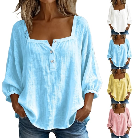 Only Moment Womens Summer Tops 3/4 Sleeve Square Neck Jute Classic Fit Dress Shirt Work Business Casual Long Sleeve Blouse Tops Pink,S