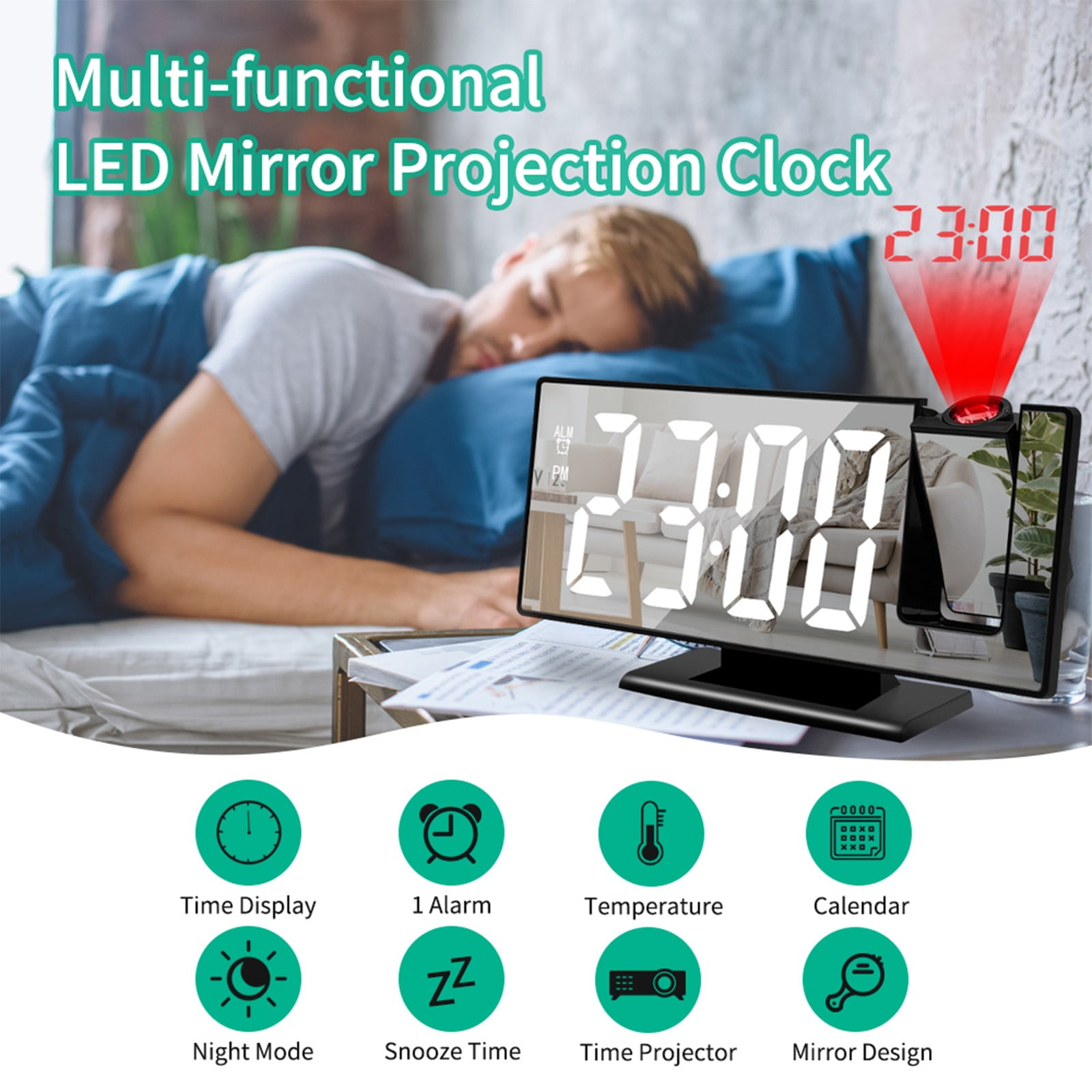 YUNAFFT Projection Alarm Clock for Bedrooms Ceiling, Digital Clock Radio with USB Charger Port, Temperature & Humidity Display, 7.3” Large LED Display