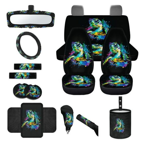 Jeiento Sea Turtle Car Seat Cover Full Set 14 Pcs Elastic Steering Wheel Cover Tie Dye Car Trash Can Auto Seat Belt Pad Car Armrest Cover Handbrake Cover Rearview Mirror Cover Coasters Auto Accessory