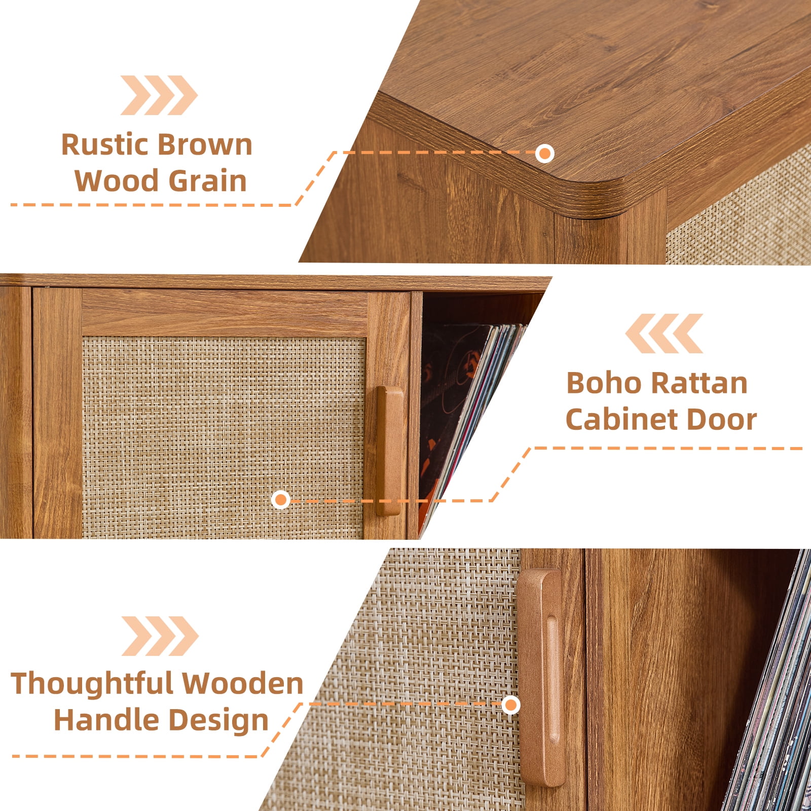 Rattan Boho Large Record Player Stand, Modern Stereo Turntable Table with Record Storage, Vinyl Record Storage Cabinet, Tea Brown