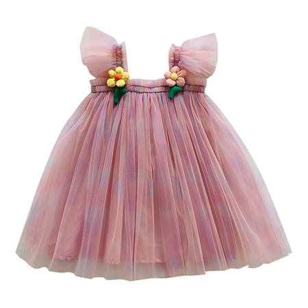 

Toddler Girls Summer Dress Fly Sleeve Floral Tie Dyed Tulle Ruffles Princess Dress Dance Party Dresses Baby Girl Clothes
