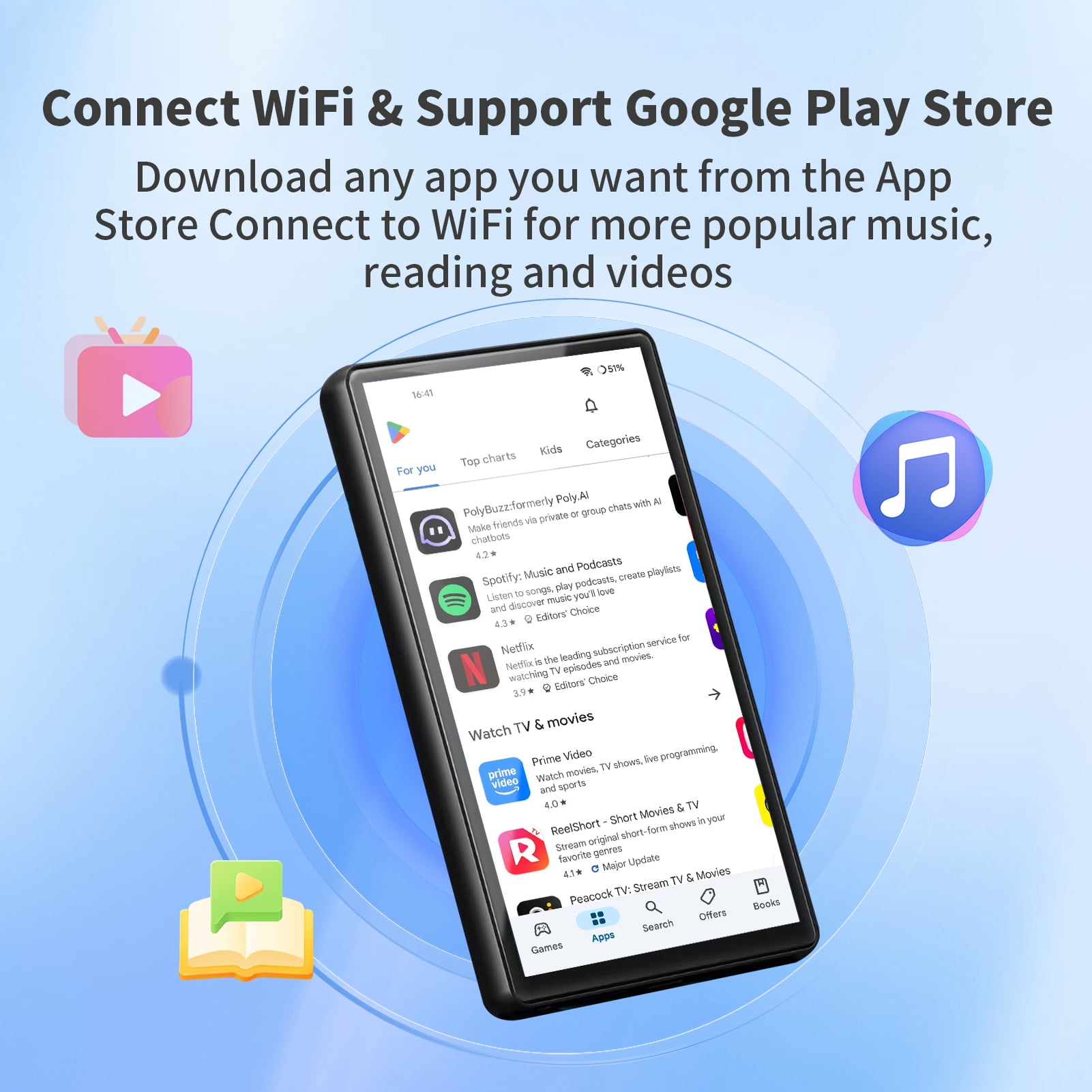 132 GB MP3-speler met Bluetooth en wifi, 4,0 inch