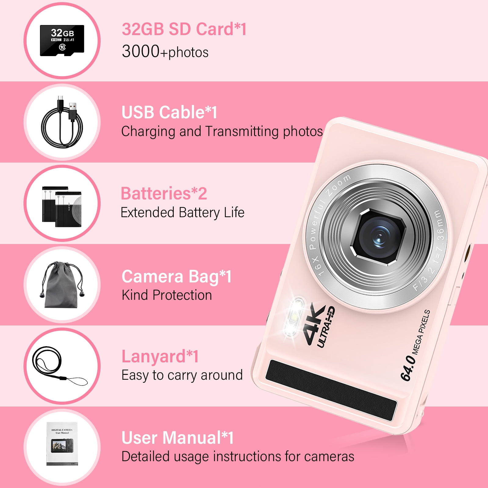 MARVUE Digital Camera 4K UHD 64MP 16X Digital Zoom with 32GB SD Card