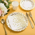 thumbnail image 3 of Suministros para fiestas en blanco y dorado, juegos de platos y servilletas de cumpleaños con platos de postre desechables biodegradables y compostables con lunares dorados para decoraciones de bodas, 3 of 6