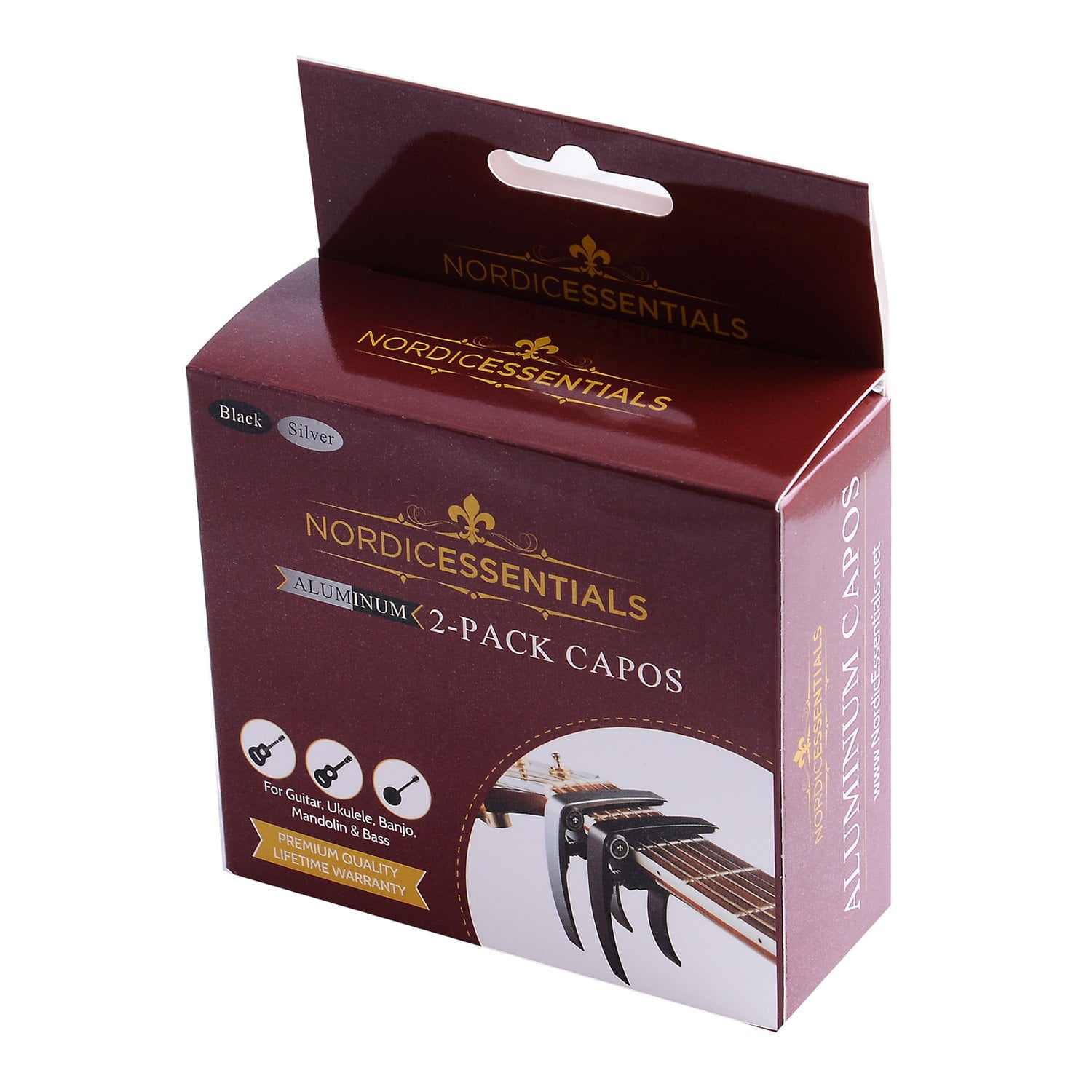 Nordic Essentials Guitar Capo 2-Pack for Acoustic Guitar, Ukulele, Banjo, Mandolin, Bass - Black & Silver
