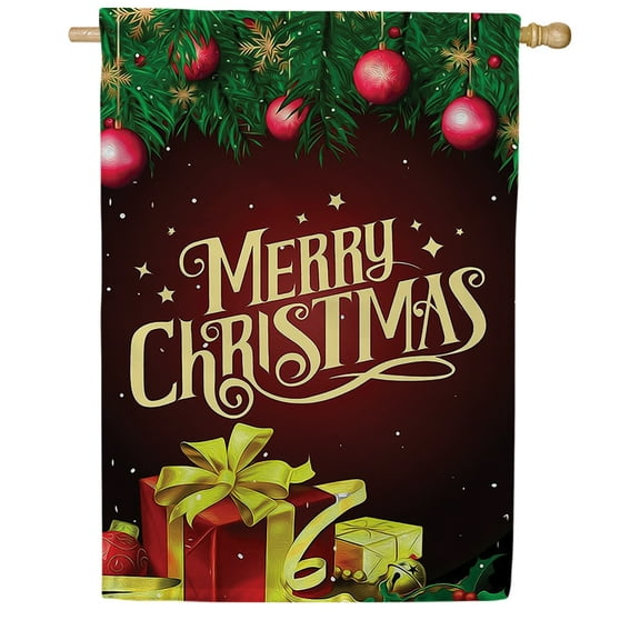 America Forever Merry Christmas Foil Wrapped Presents House Flag, 28 x 40 inch Double Sided, Holiday Banner, Beautiful Ornaments Outdoor Decor, Festive Yard Flag