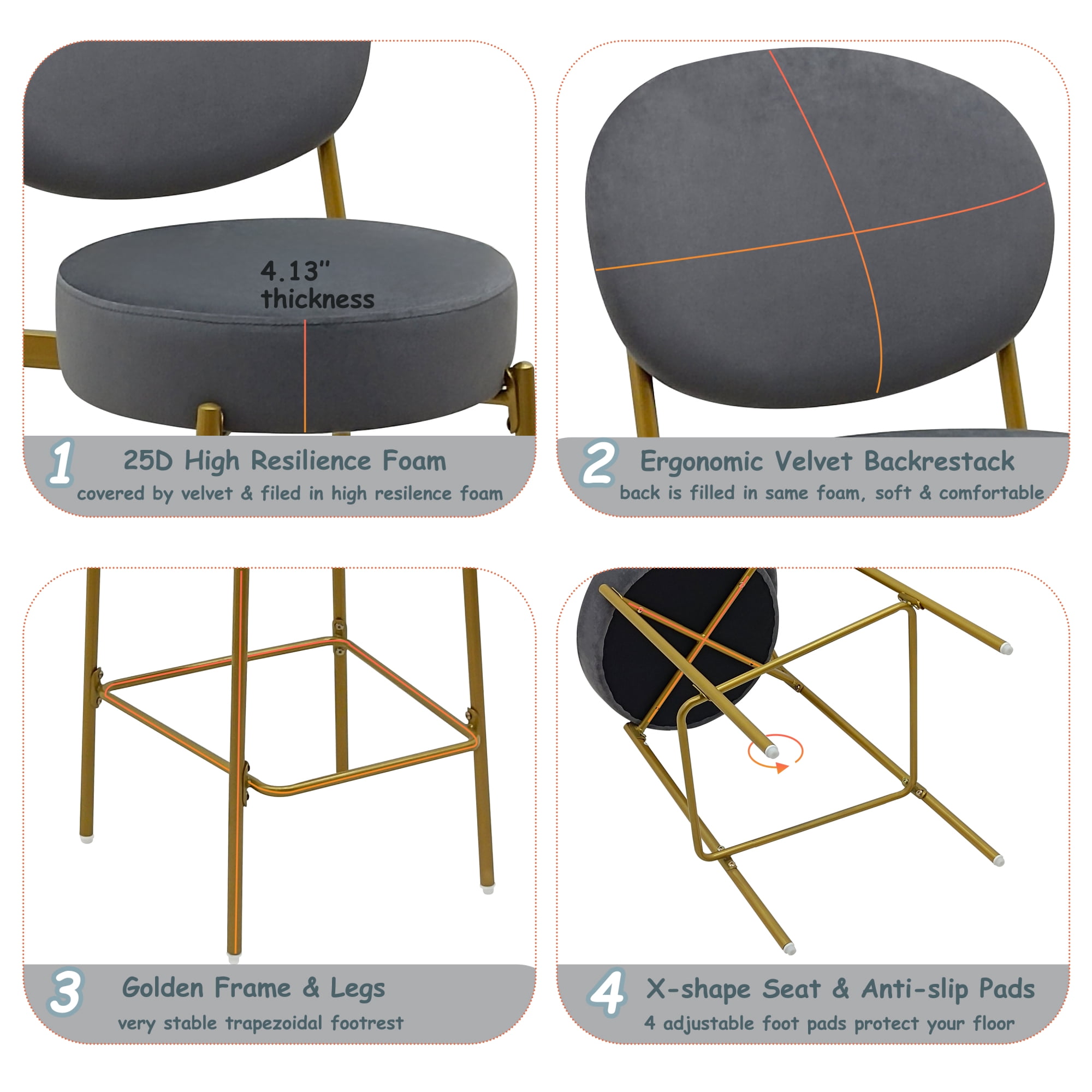 Jopath Set of 2 Velvet Upholstered Bar Stools Round Counter Stool with Backrest & Footrest Dining Chairs for Kitchen Island (Gray)