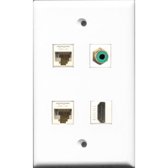 RiteAV 1 Port HDMI and 1 Port RCA Green 2 Port Cat6 Ethernet White Wall Plate