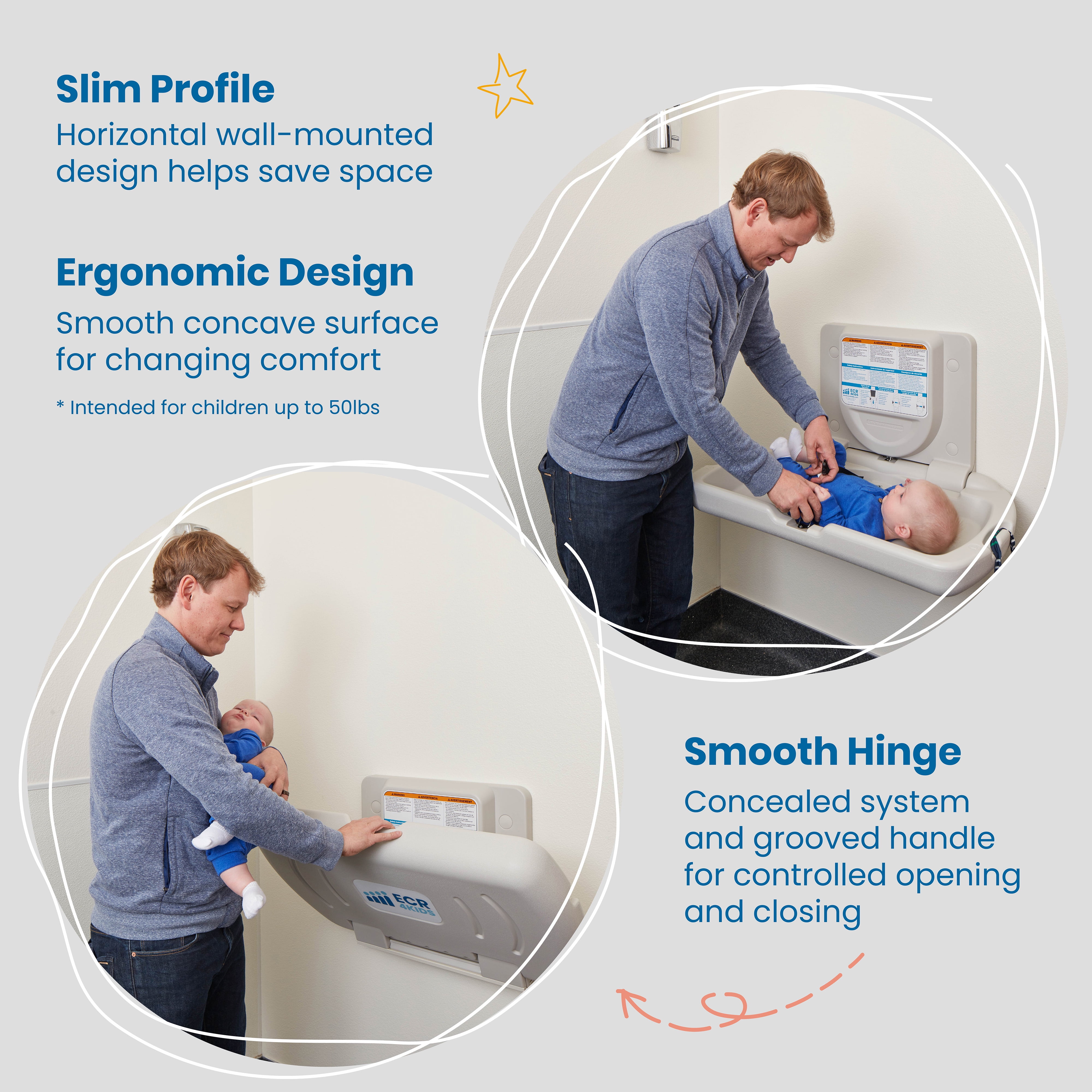 ECR4Kids Horizontal Wall-Mounted Changing Station with Slim Back, White Granite