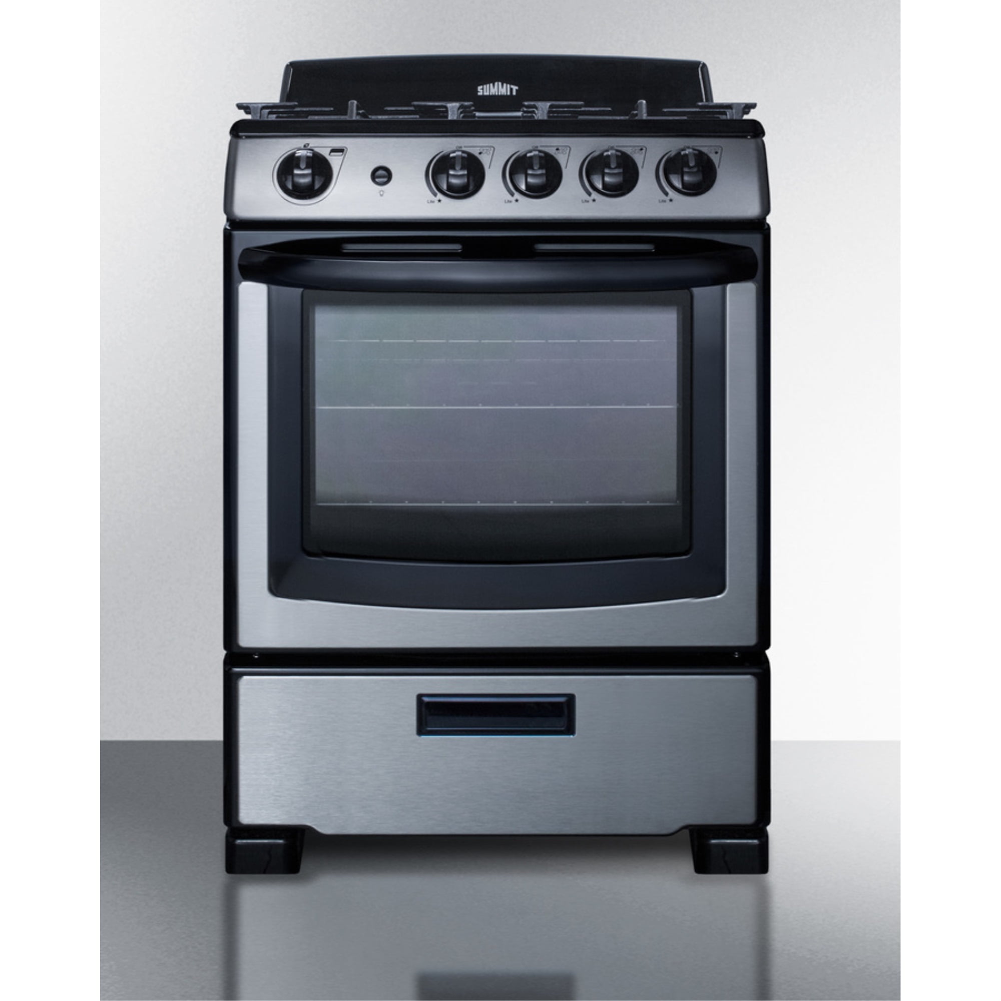 24" wide gas range (PRO247SS) and 24" wide convertible range hood (HR24RSS) shipped together