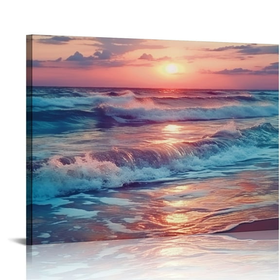 Fenyluxe Sunset Ocean Beach Canvas Print Wall Art Ready To Hang 16x12in
