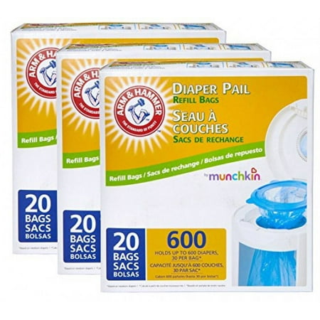 Munchkin Arm & Hammer Diaper Pail Refill Bags, 20 Count (Pack of 3)