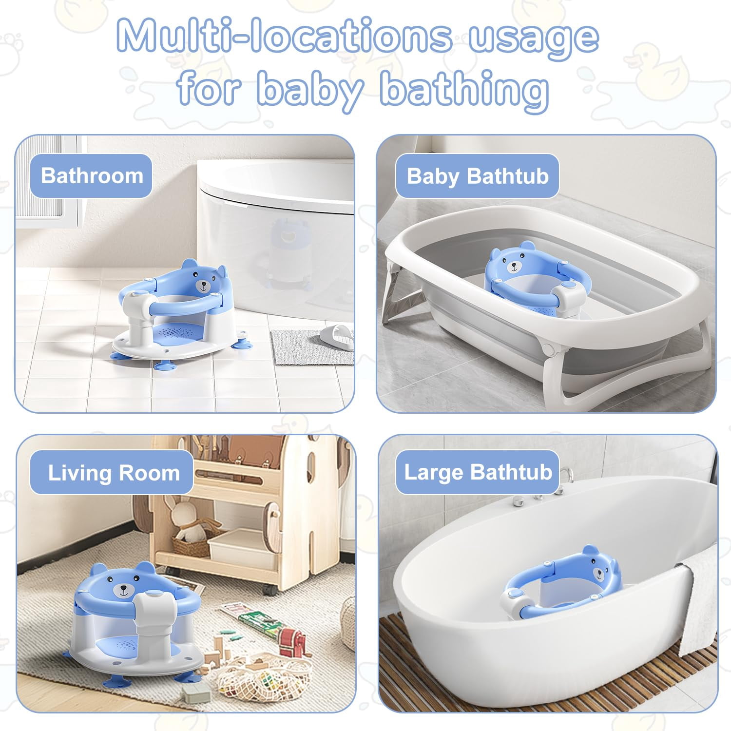 Soluxeo Baby Bath Seat for Babies 6 Months & up, Non-Slip Toddler Bath Seats for Babies Sitting Up with 4 Suction Cups & Soft Cushion for Shower(Blue)