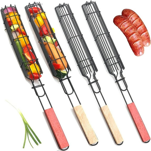 Leaveforme 2PCS 19" Extra Long Stainless Steel Kabob Grilling Baskets - Easy Lock Mesh Grid Not Falling Out Design Grill Basket, Kabob Baskets for Grilling Vegetables, Seafood, Meat
