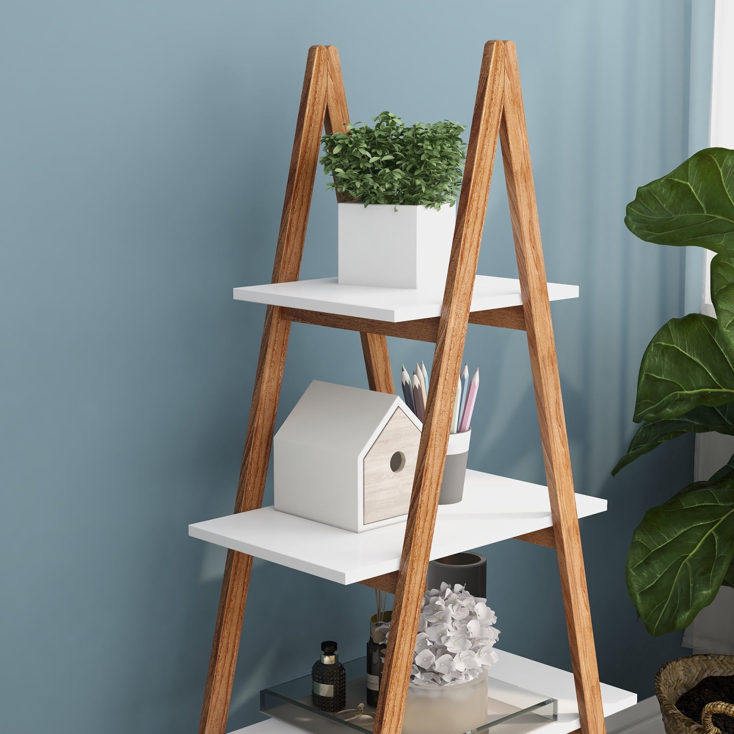 4-Tier Ladder Bookcase Multifunctional Display Shelf, Christmas Village Display Stand, Tall Ladder Shelf Storage Organizer for Living Room, Home Office