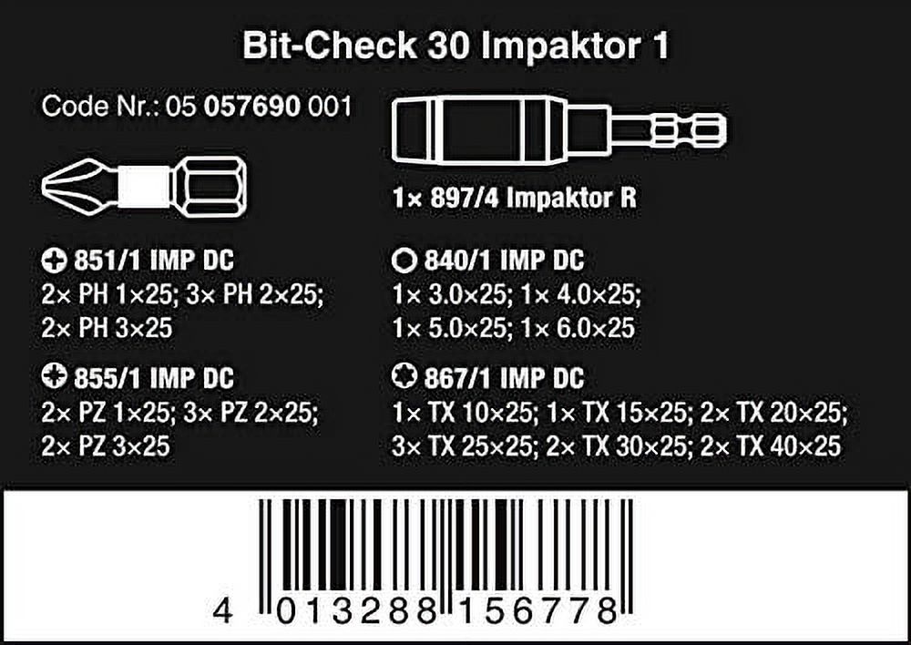 Wera 05057690001"Impact 1" Bit-Check - Silver (30Piece) [Energy Class A]
