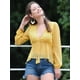 thumbnail image 2 of Top de Gasa Transparente Allegra K con Mangas Largas y Cuello en V Profundo Amarillo S, 2 of 6