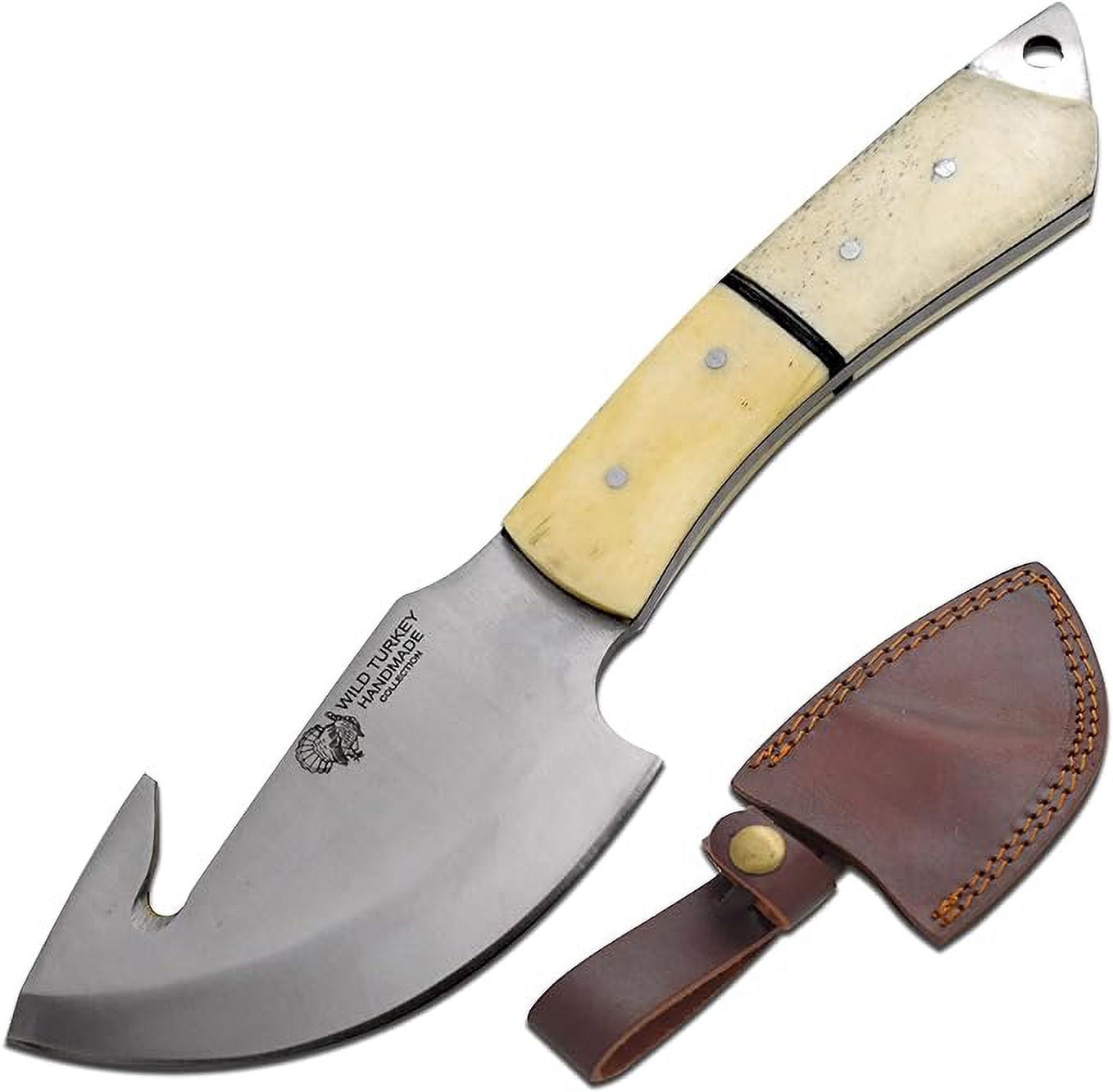 Wild Turkey Handmade 9.5" Bone Handle Gut Hook Skinner Knife with Leather Sheath
