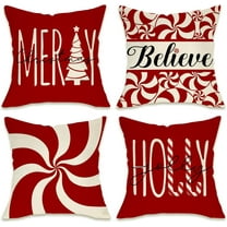 Merry Christmas Tree Decorative Throw Pillow Cover 16 x 16 Set of 4, Xmas Red Candy Canes Porch Patio Outdoor Pillowcase, Winter Holiday Holly Jolly Gifts Cushion Case Home Decor