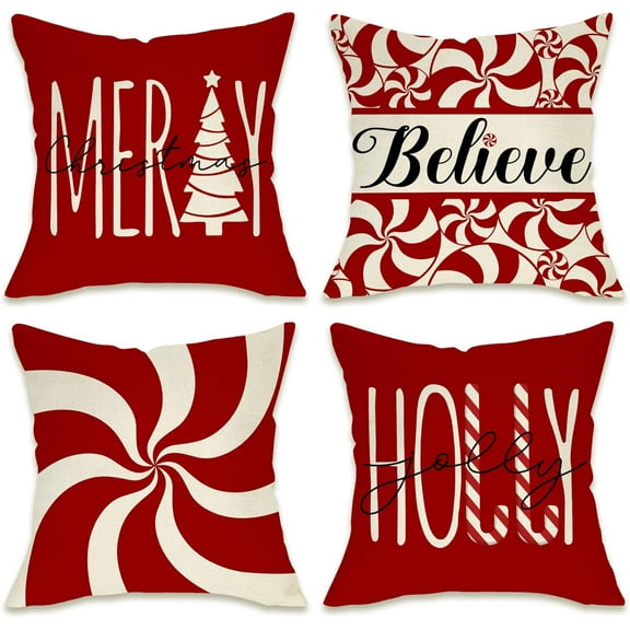 Merry Christmas Tree Decorative Throw Pillow Cover 16 x 16 Set of 4, Xmas Red Candy Canes Porch Patio Outdoor Pillowcase, Winter Holiday Holly Jolly Gifts Cushion Case Home Decor