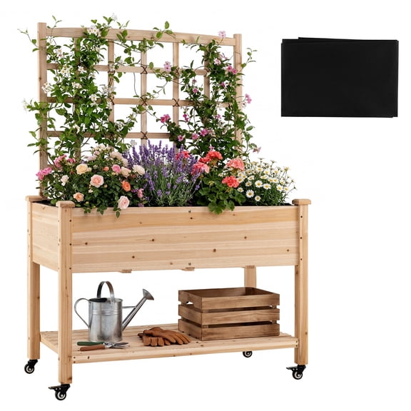 Costway 1 PCS Wooden Raised Garden Bed with Trellis 47x23x65 in, Liner, Drainage Holes for Plant
