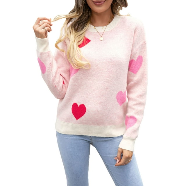 WIFORNT Chandails à Imprimé Cœur pour Femmes, Manches Longues, Col Rond, Pulls Amples, Hauts en Tricot pour la Saint-Valentin