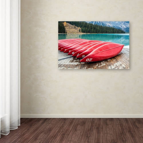 Trademark Fine Art 'Red Canoes of Emerald Lake' Canvas Art by Pierre Leclerc