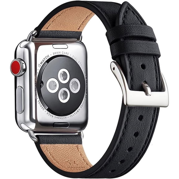 KOMI Bands Compatible with Apple Watch Band 38mm 40mm 41mm or 42/44/45/49mm, Genuine Leather Replacement Wristband Strap for iWatch Ultra SE Series 9 8 7 6 5 4 3 2 1 Women Men(Black Silver)