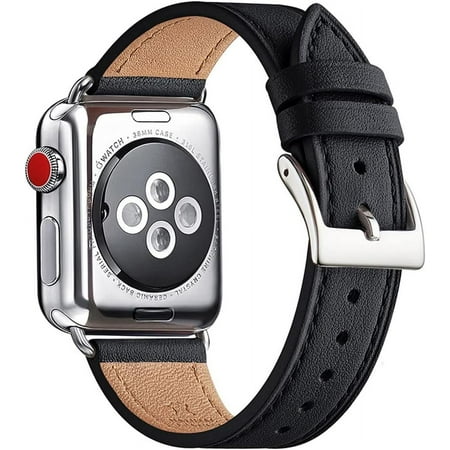 KOMI Bands Compatible with Apple Watch Band 38mm 40mm 41mm or 42/44/45/49mm, Genuine Leather Replacement Wristband Strap for iWatch Ultra SE Series 9 8 7 6 5 4 3 2 1 Women Men(Black+Silver)