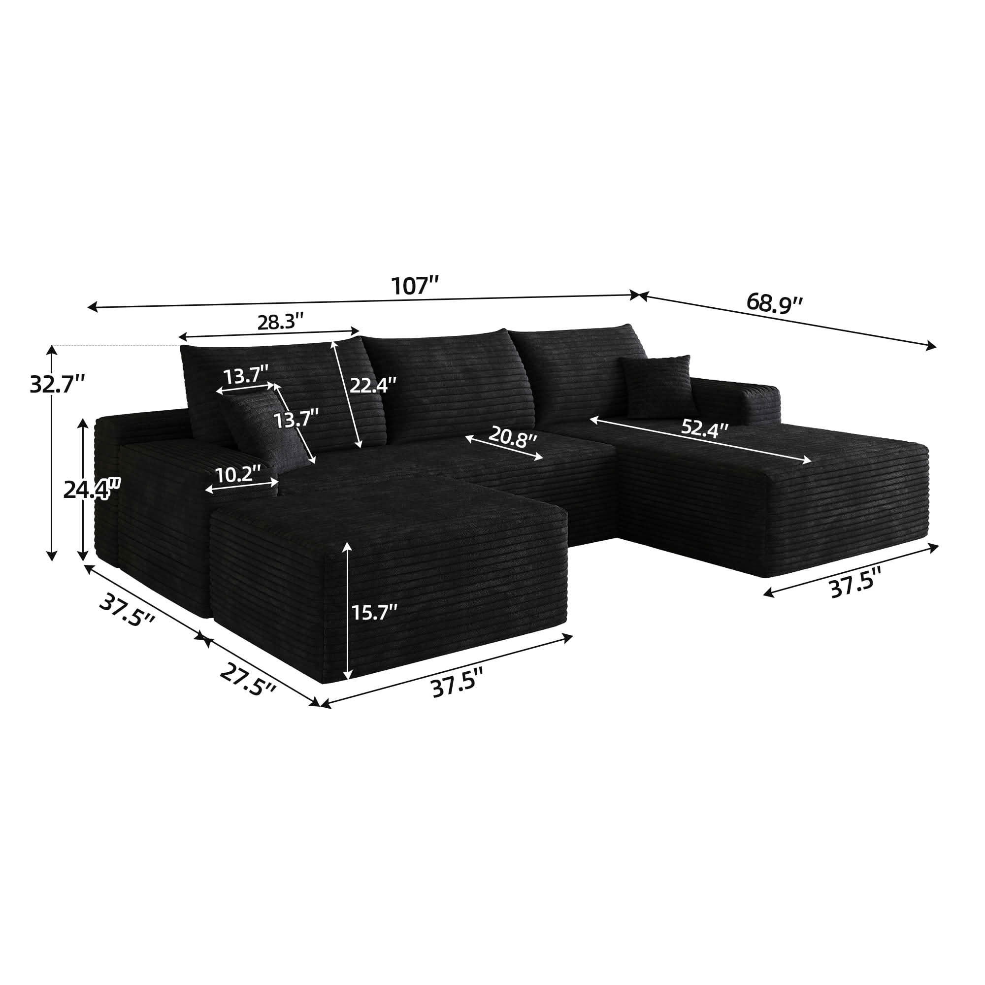 MAYEERTY 107 Inch L‑Shape Cloud Sectional Couch with Chaise, Modern Modular Deep‑Seat Sofa, Plush Corduroy Upholstered Couch, No Assembly Required for Living Room Bedroom Apartment