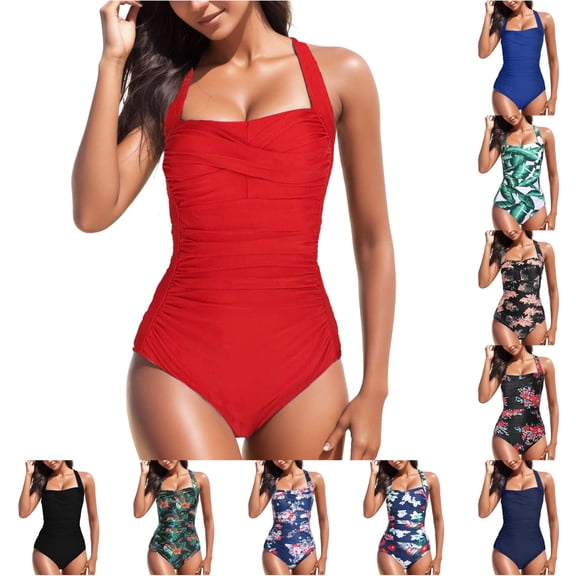 XIAONU Ruched Torso One Piece Swimsuit for Women Solid Summer Beach Swim Bodysuit